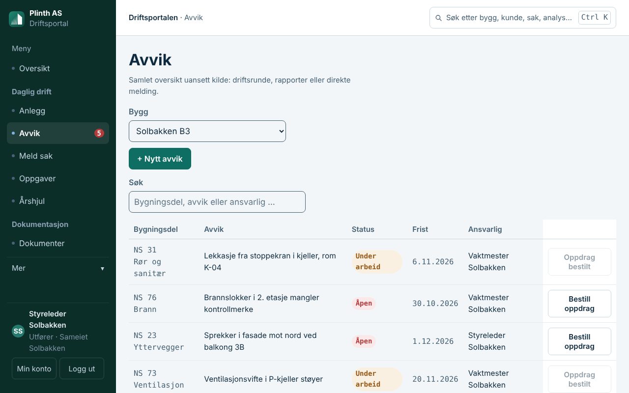 Avviksliste i Driftsportalen med status, frist og ansvarlig