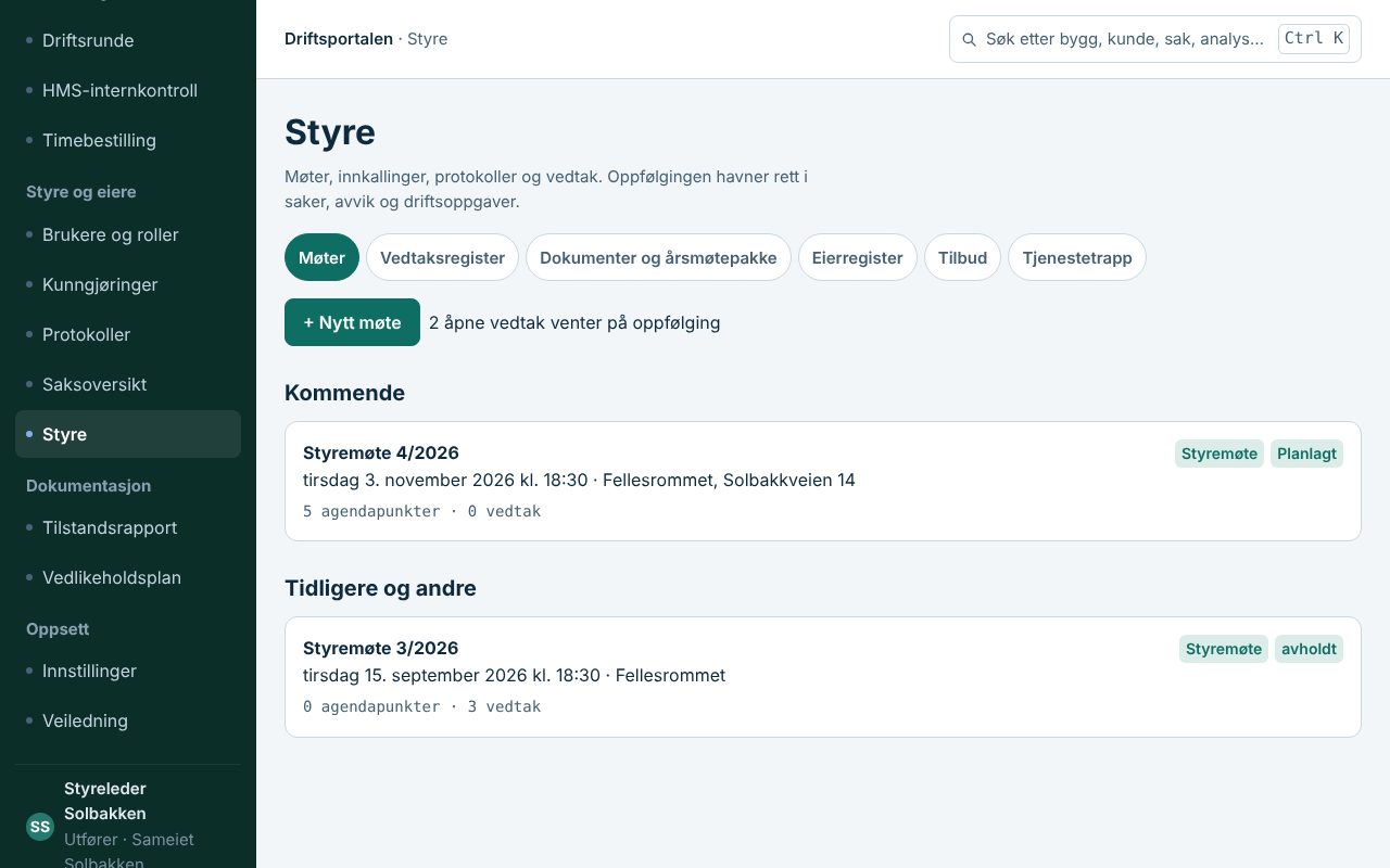 Styremøter og vedtak i Driftsportalen
